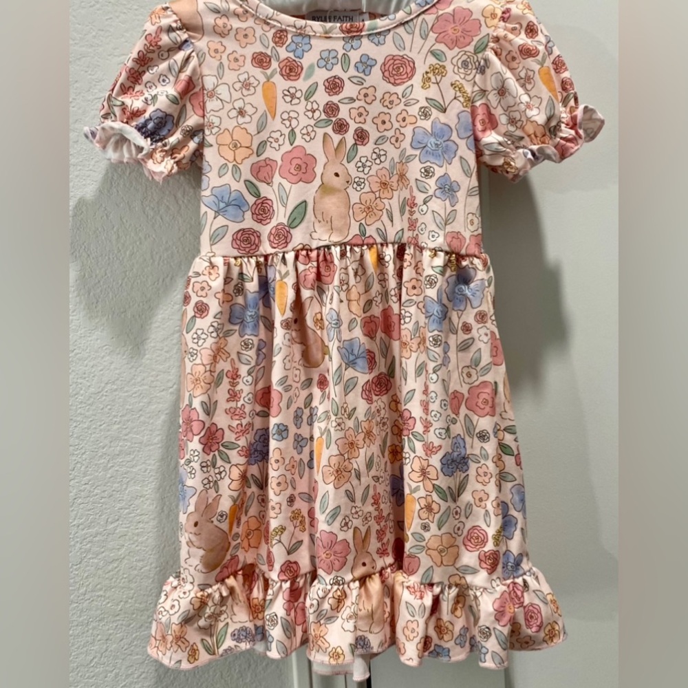Rylee Faith Design Peach Floral Ruffled Short Sleeve Bunny Spring Dress 4